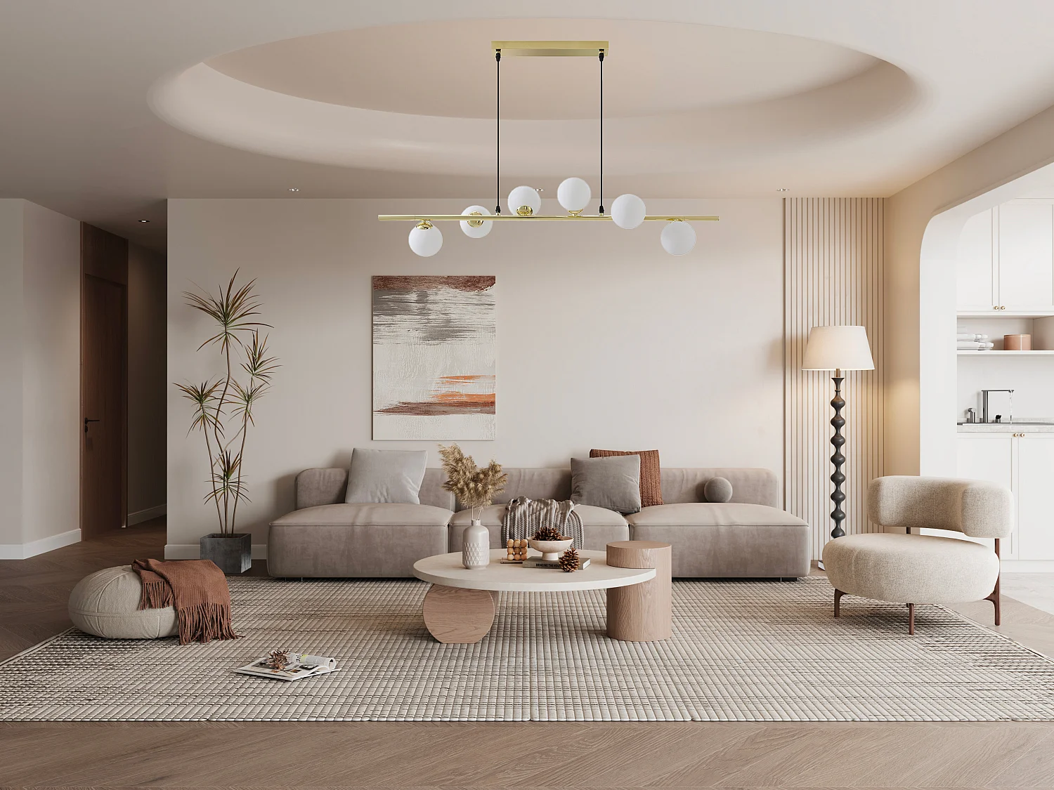 Lustre en métal et verre 6 globes - L. 100 x P. 24,5 cm - Doré brillant - INUNTA