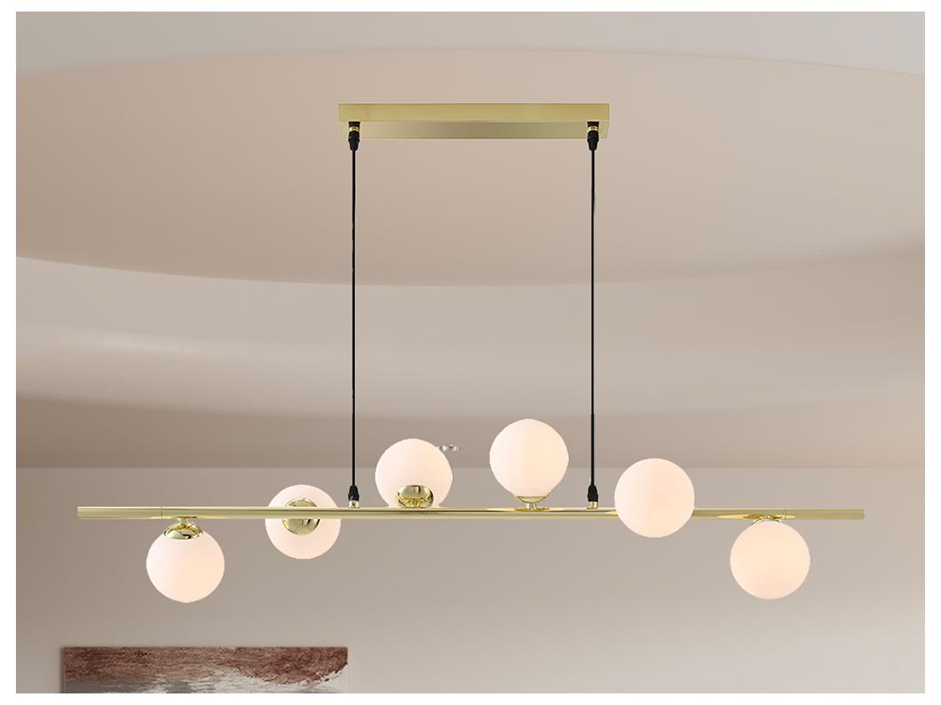 Lustre en métal et verre 6 globes - L. 100 x P. 24,5 cm - Doré brillant - INUNTA