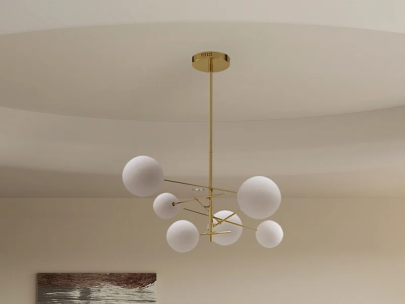 Lampa sufitowa asymetryczna z metalu - 6 kloszy - szer. 72 x wys. 116 cm - Złoty z połyskiem - NAKINA