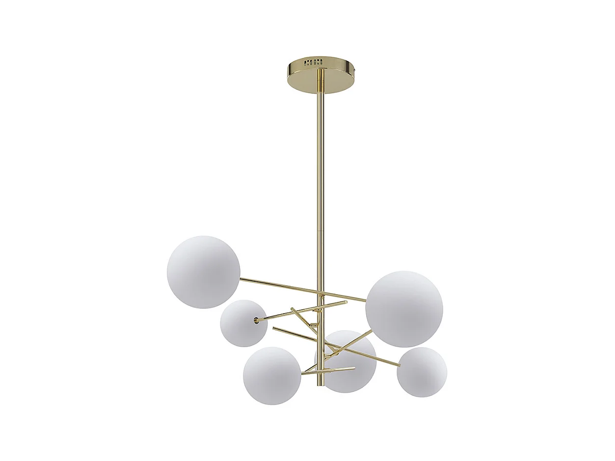 Asymmetrisk metallampe med 6 globes - 6 globusindskrift - L.72 x H. heroinde - L.72 x H. 116 cm - Prangende guld - NAKINA