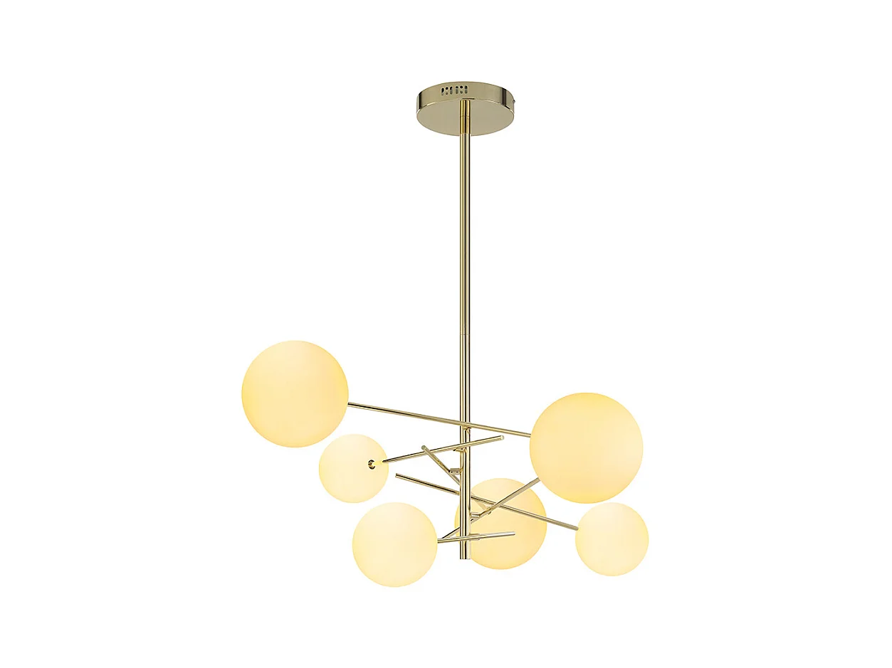 Asymmetrisk metallampe med 6 globes - 6 globusindskrift - L.72 x H. heroinde - L.72 x H. 116 cm - Prangende guld - NAKINA