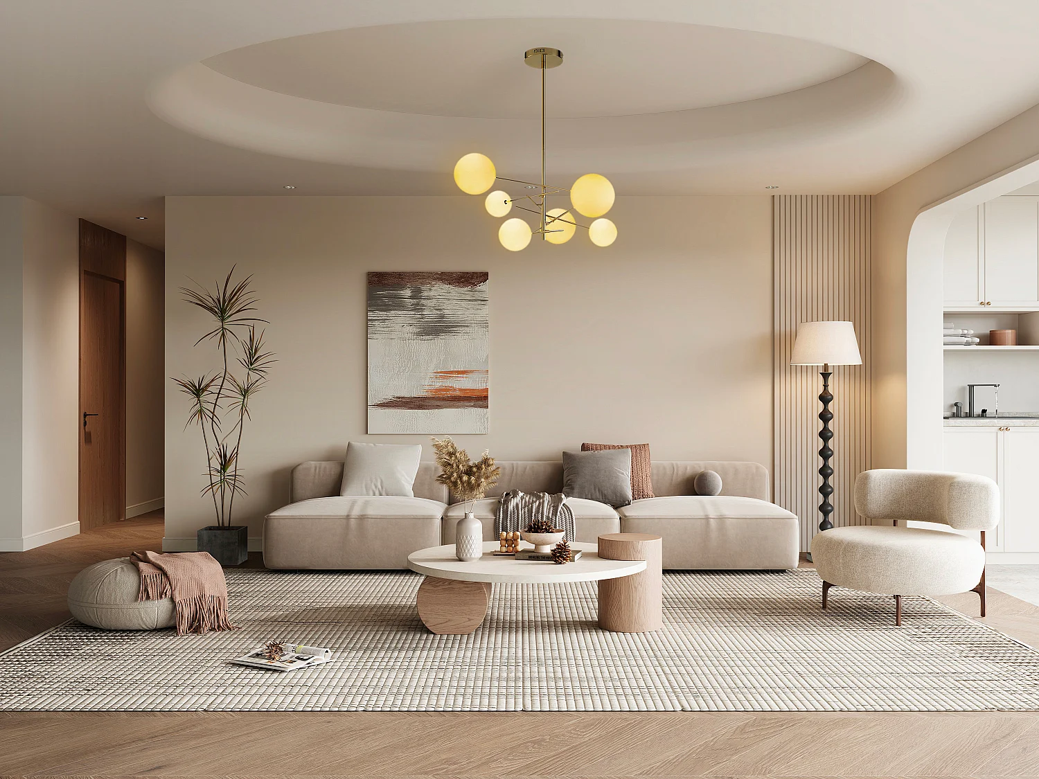 Asymmetrisk metallampe med 6 globes - 6 globusindskrift - L.72 x H. heroinde - L.72 x H. 116 cm - Prangende guld - NAKINA