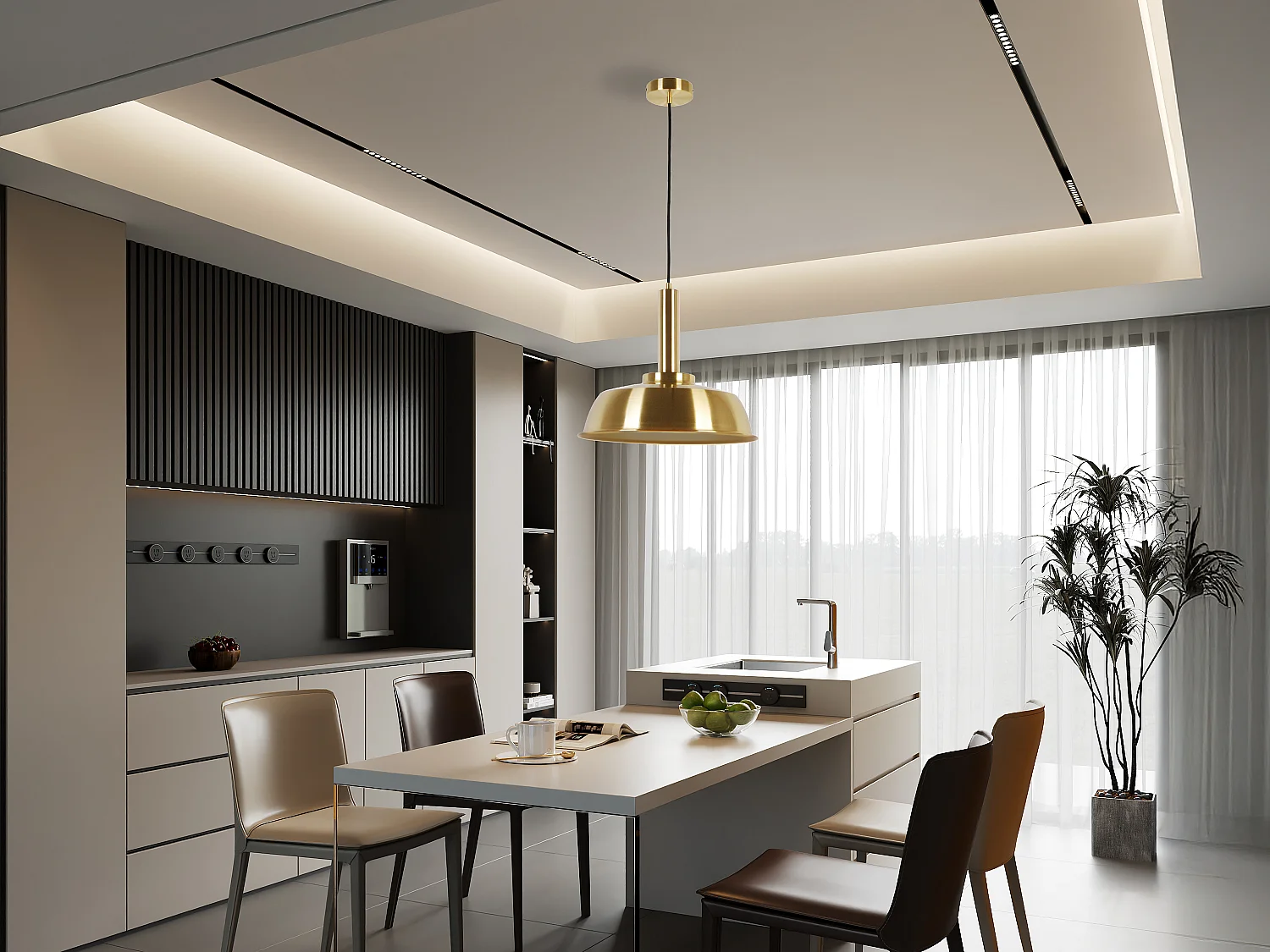 Candeeiro suspenso industrial em aço X36 x A132 cm dourado cromado - AHUMI