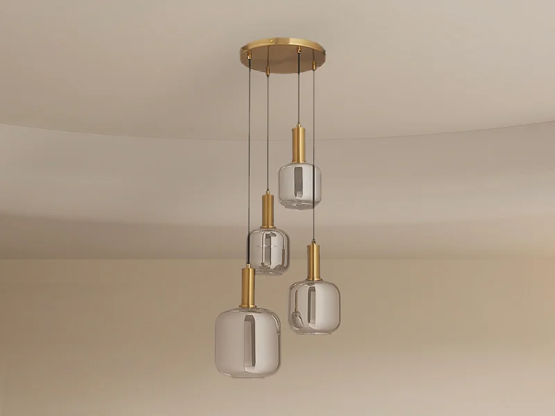 Lampadario 4 sfere L. 48 x H. 140 cm in Metallo e Vetro fumé Dorato e grigio fumé - GALRON