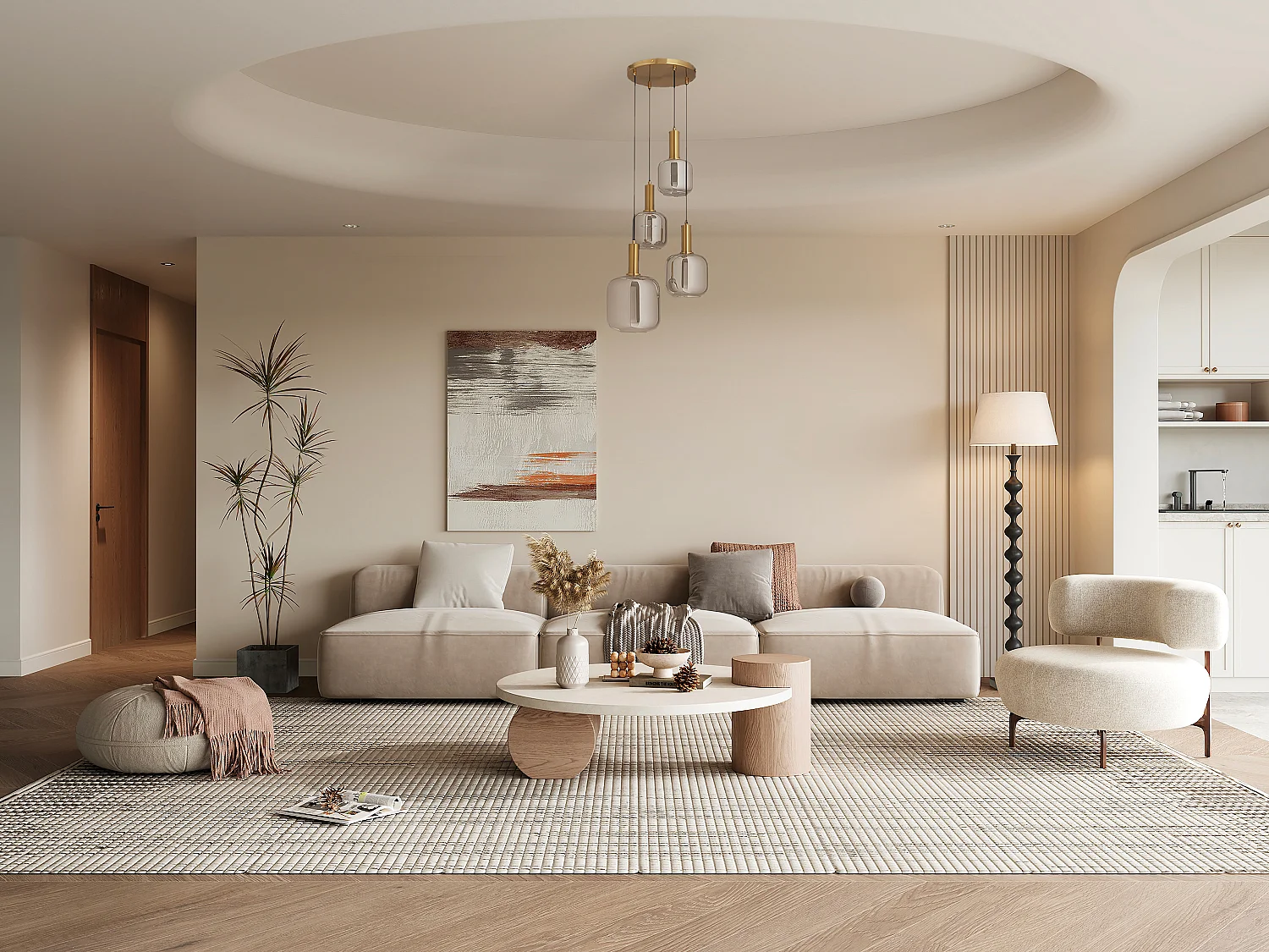 Lustre en métal et verre fumé 4 globes - L. 48 x H. 140 cm - Doré et gris fumé - GALRON