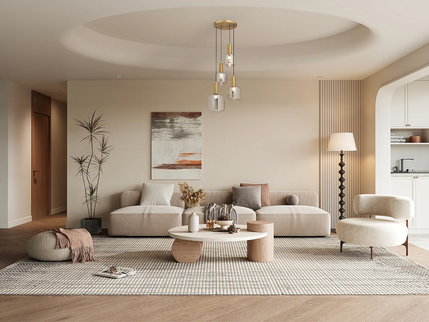 Lustre en métal et verre fumé 4 globes - L. 48 x H. 140 cm - Doré et gris fumé - GALRON