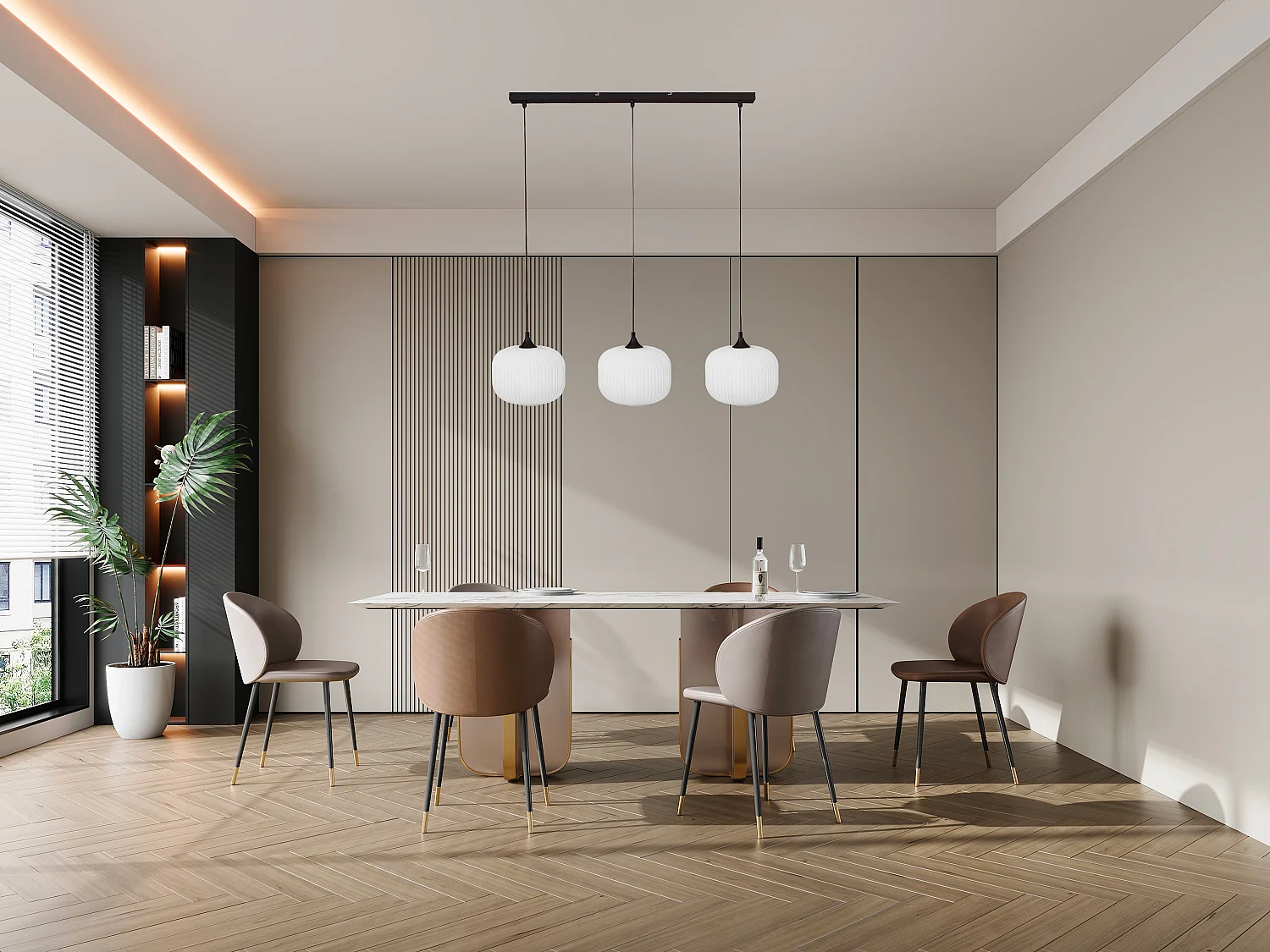 Suspension en métal et verre 3 abat-jours - L. 99 x H. 128 cm - Noir et blanc - GLENORA