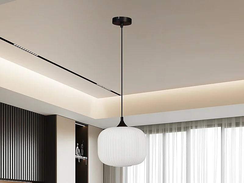 Hanglamp van metaal en glas met 1 lampenkap - L25 x H128 cm - Zwart en wit - GLENORA