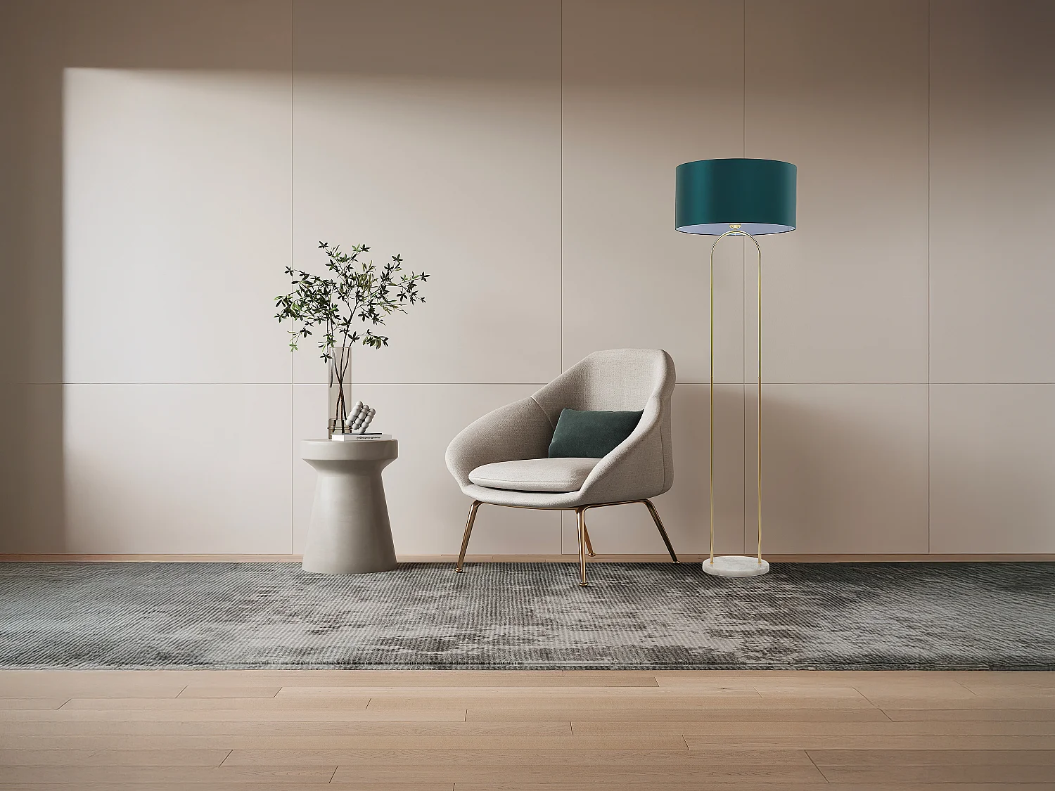 Lampadaire en acier et marbre - D. 45 x H. 150 cm - Bleu canard - NOUR