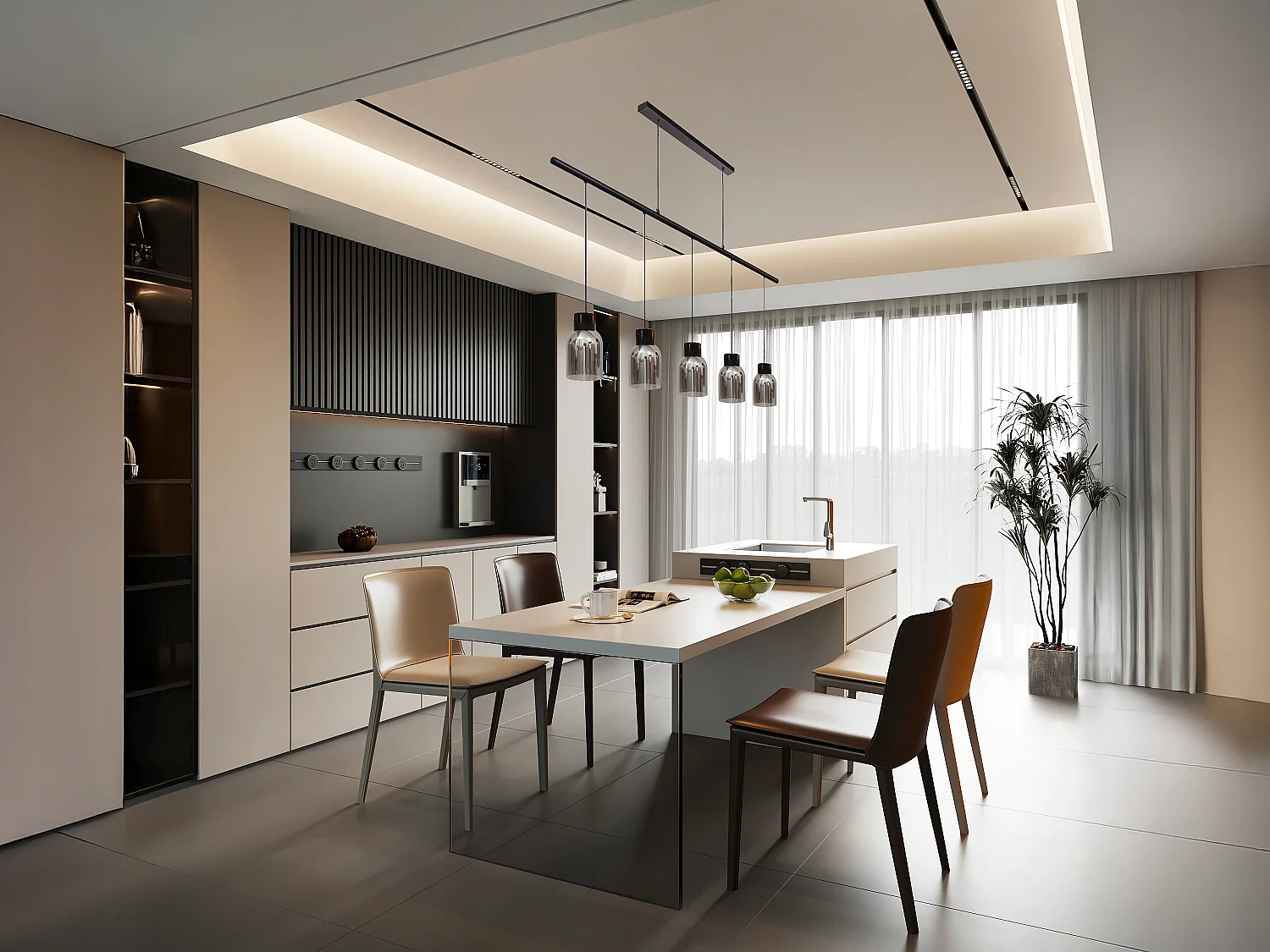 Lampadario 5 abat-jour L. 100 x A. 110 cm in Metallo e Vetro Nero e grigio fumé - SUNAWA