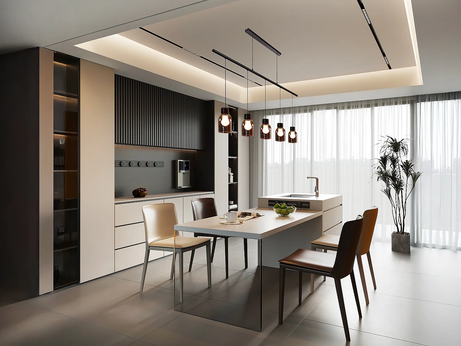 Lampadario 5 abat-jour L. 100 x A. 110 cm in Metallo e Vetro Nero e grigio fumé - SUNAWA