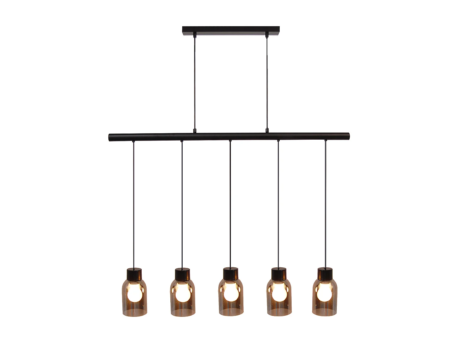 Suspension en métal et verre 5 abat-jours - L. 100 x H. 110 cm - Noir et gris fumé - SUNAWA
