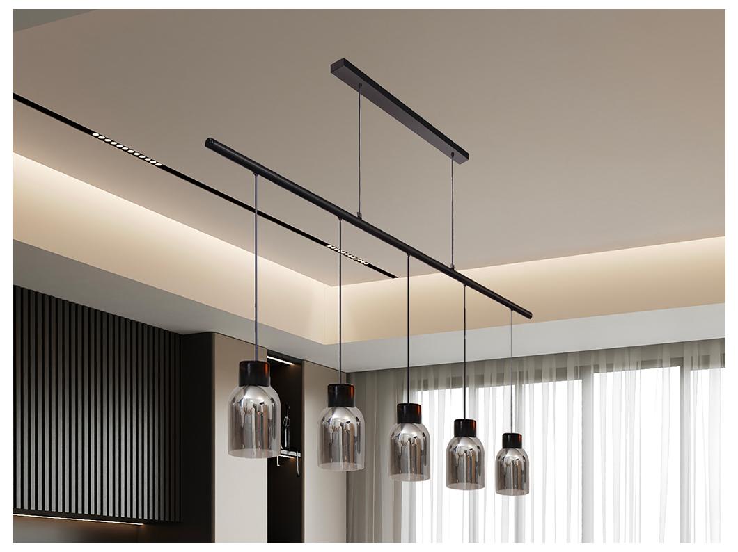 Lampa sufitowa ze szkła i metalu 5 kloszy - dł. 100 x wys. 110 cm - Czarny i szary dymiony - SUNAWA