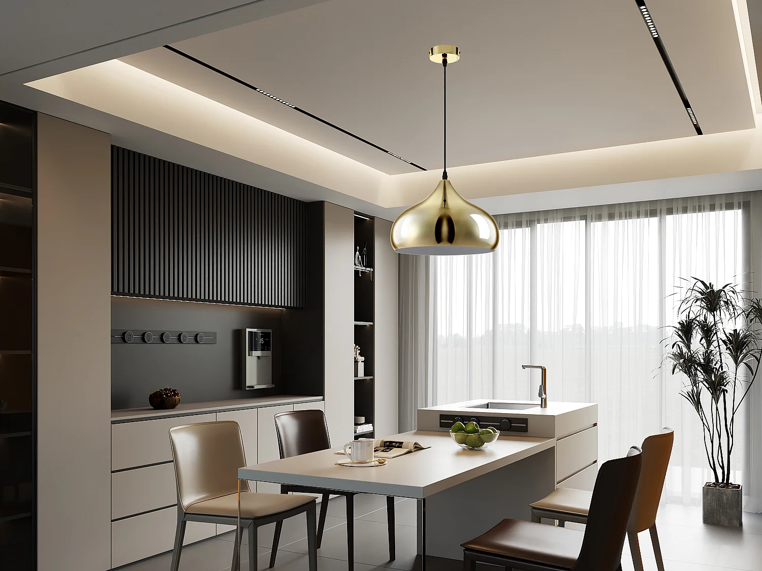 Lampadario D. 30 x H. 127 cm in Metallo dorato brillante - OSARA