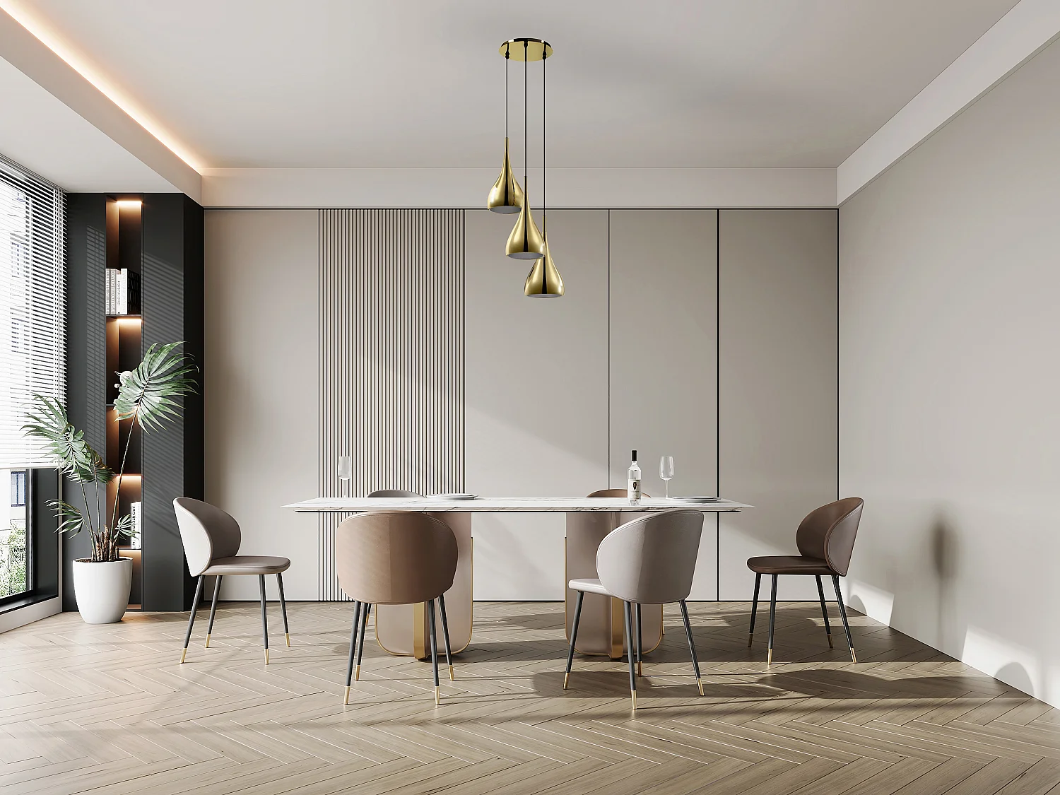 Hanglamp met 3 lampenkappen van glanzend goudkleurig metaal - D36 x H138 cm - OSARA