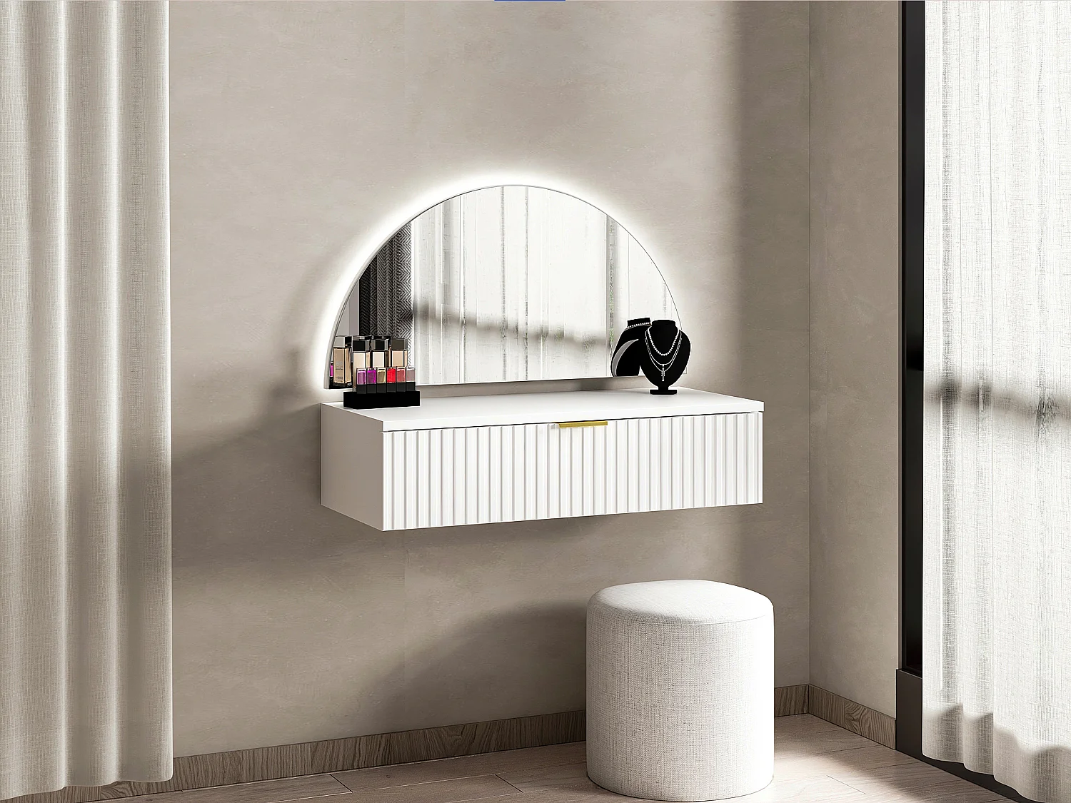 Coiffeuse suspendue avec miroir et LEDs - 1 tiroir - Blanc - FRALYN de Pascal Morabito