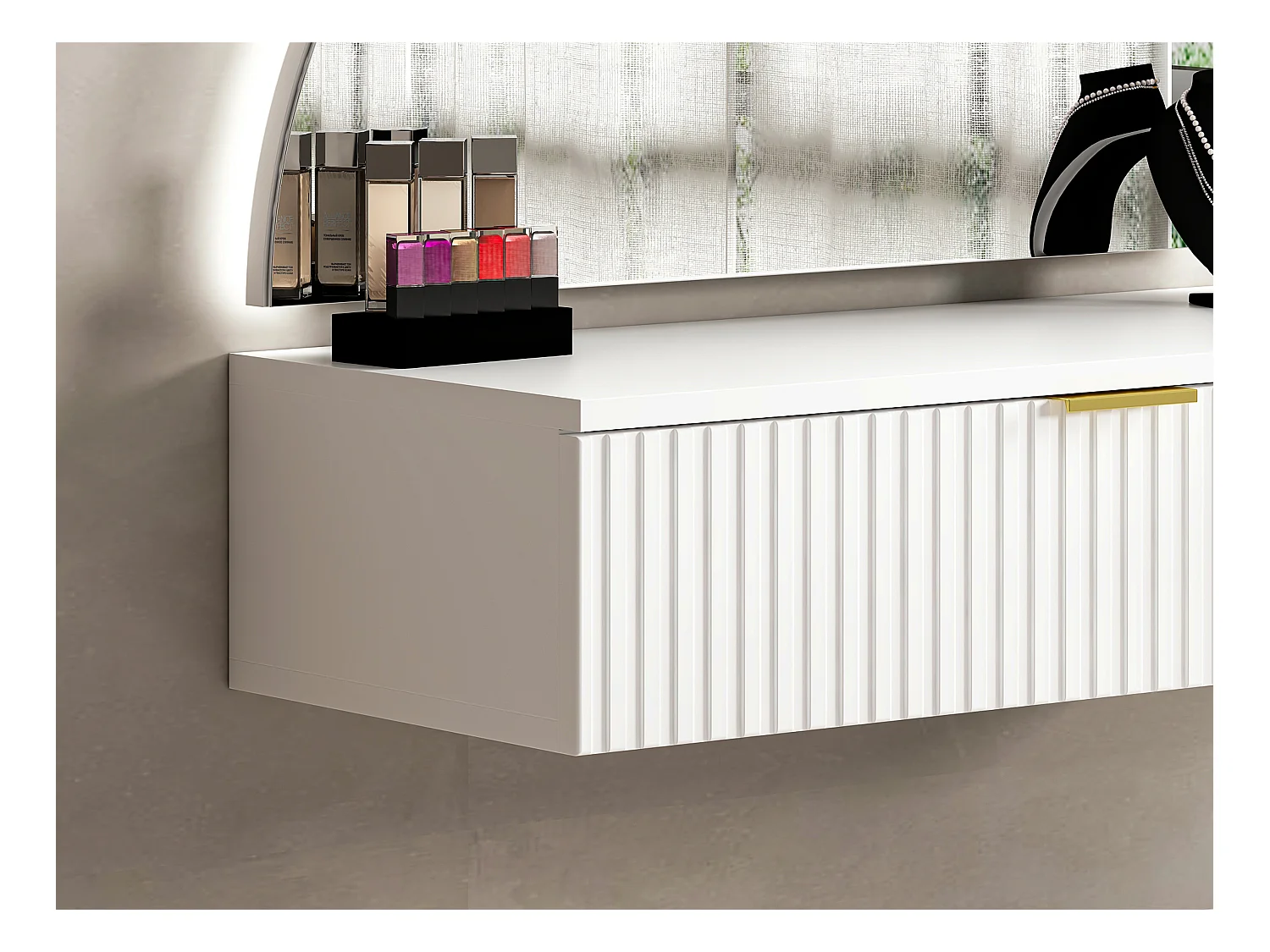 Coiffeuse suspendue avec miroir et LEDs - 1 tiroir - Blanc - FRALYN de Pascal Morabito