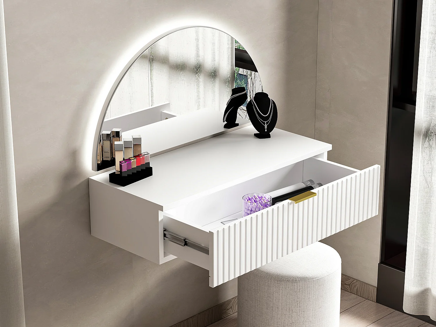 Coiffeuse suspendue avec miroir et LEDs - 1 tiroir - Blanc - FRALYN de Pascal Morabito