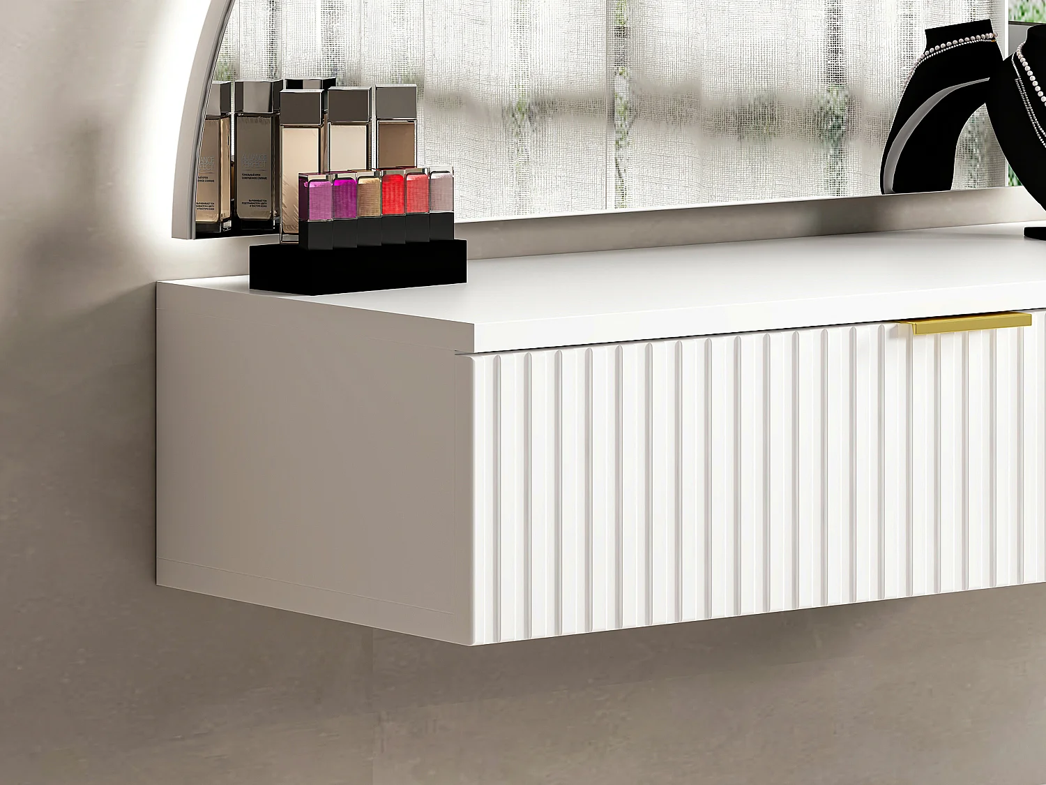 Toucador suspenso com espelho e LEDs, 1 gaveta branco - FRALYN de Pascal Morabito