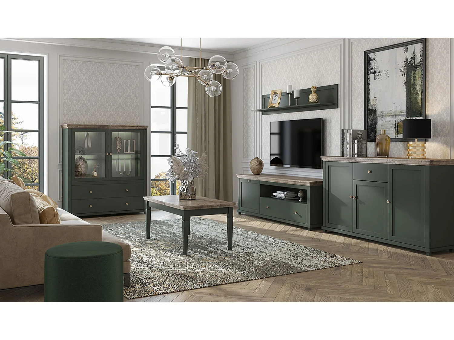 WOHNZIMMER-SET Evora grün / Eiche Lefkas 5-teilig