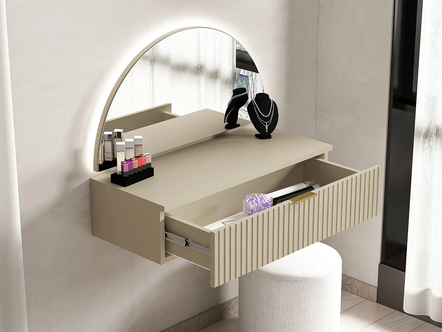 Coiffeuse suspendue avec miroir et LEDs - 1 tiroir - Beige - FRALYN de Pascal Morabito