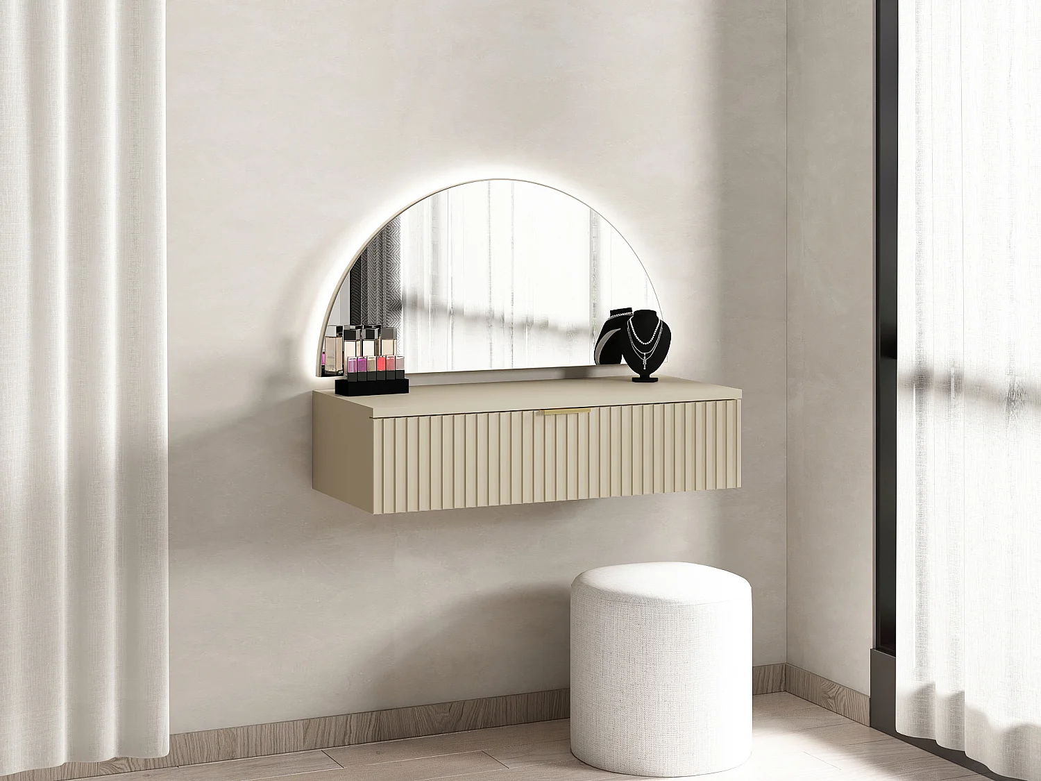 Coiffeuse suspendue avec miroir et LEDs - 1 tiroir - Beige - FRALYN de Pascal Morabito