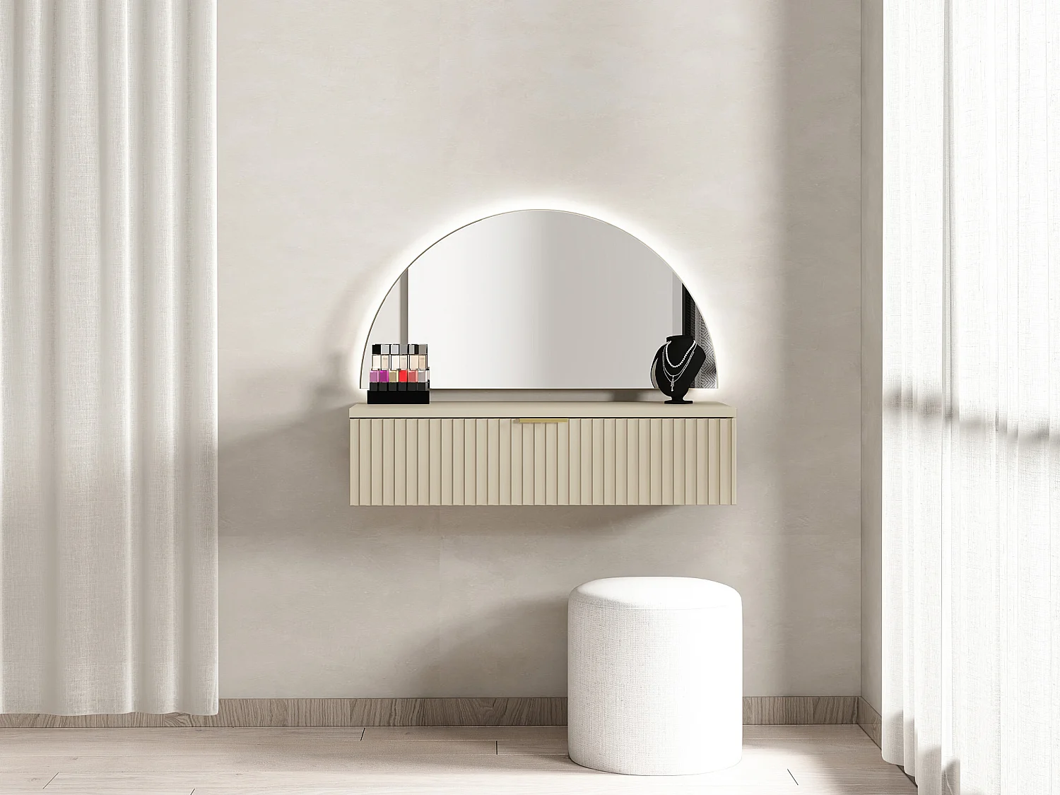 Coiffeuse suspendue avec miroir et LEDs - 1 tiroir - Beige - FRALYN de Pascal Morabito