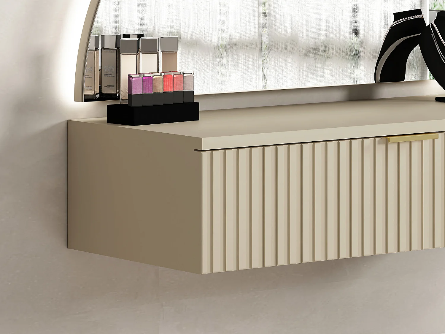 Coiffeuse suspendue avec miroir et LEDs - 1 tiroir - Beige - FRALYN de Pascal Morabito