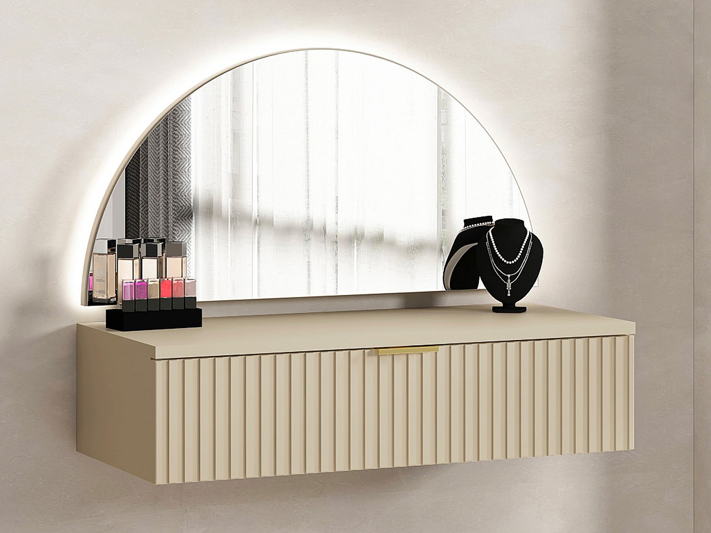 Coiffeuse suspendue avec miroir et LEDs et 1 tiroir en beige - FRALYN ...