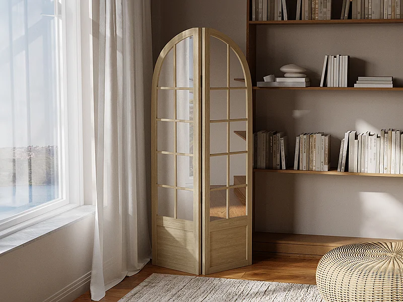 Biombo espelho em madeira de pinho efeito patinado, 2 painéis, C96 x A180 cm natural - KEDIRI