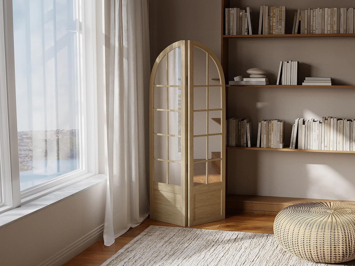 Paravent miroir en bois de pin effet patiné - 2 pans - L. 96 x H. 180 cm - Naturel - KEDIRI