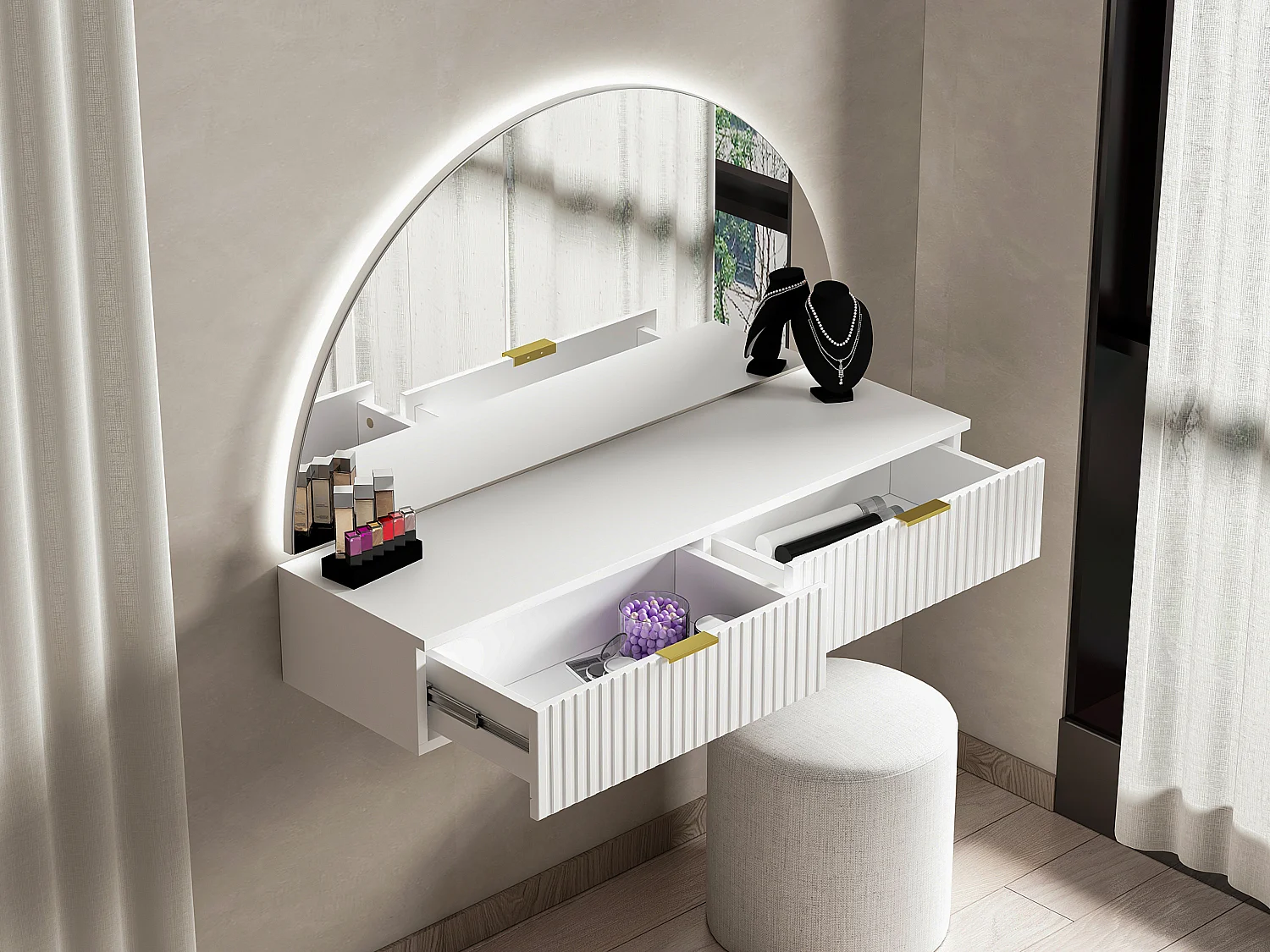 Coiffeuse suspendue avec miroir et LEDs - 2 tiroirs - Blanc - FRALYN de Pascal Morabito