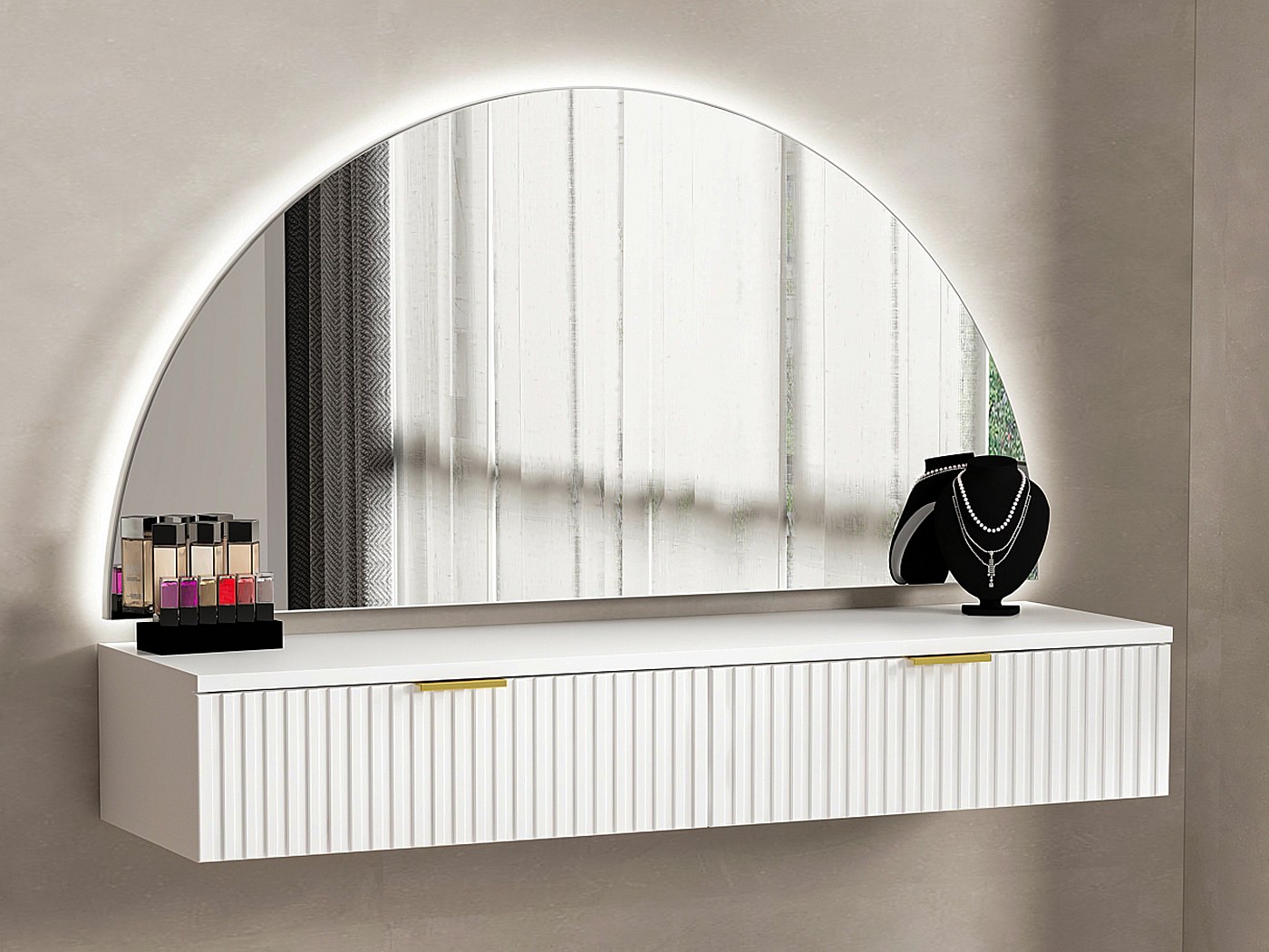 Coiffeuse suspendue avec miroir et LEDs et 2 tiroirs blanc - FRALYN de ...