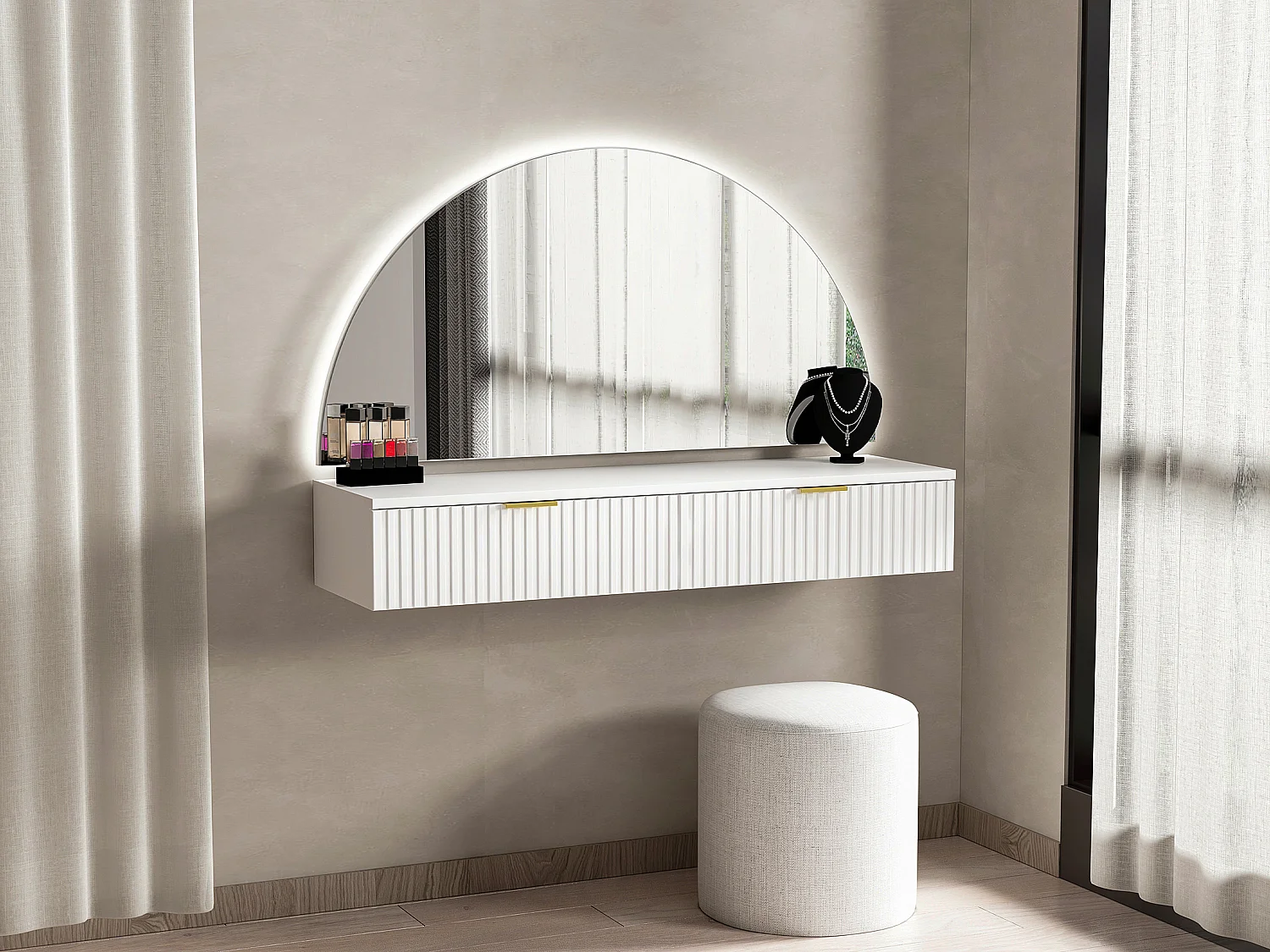 Toucador suspenso com espelho e LEDs, 2 gavetas, branco - FRALYN de Pascal Morabito