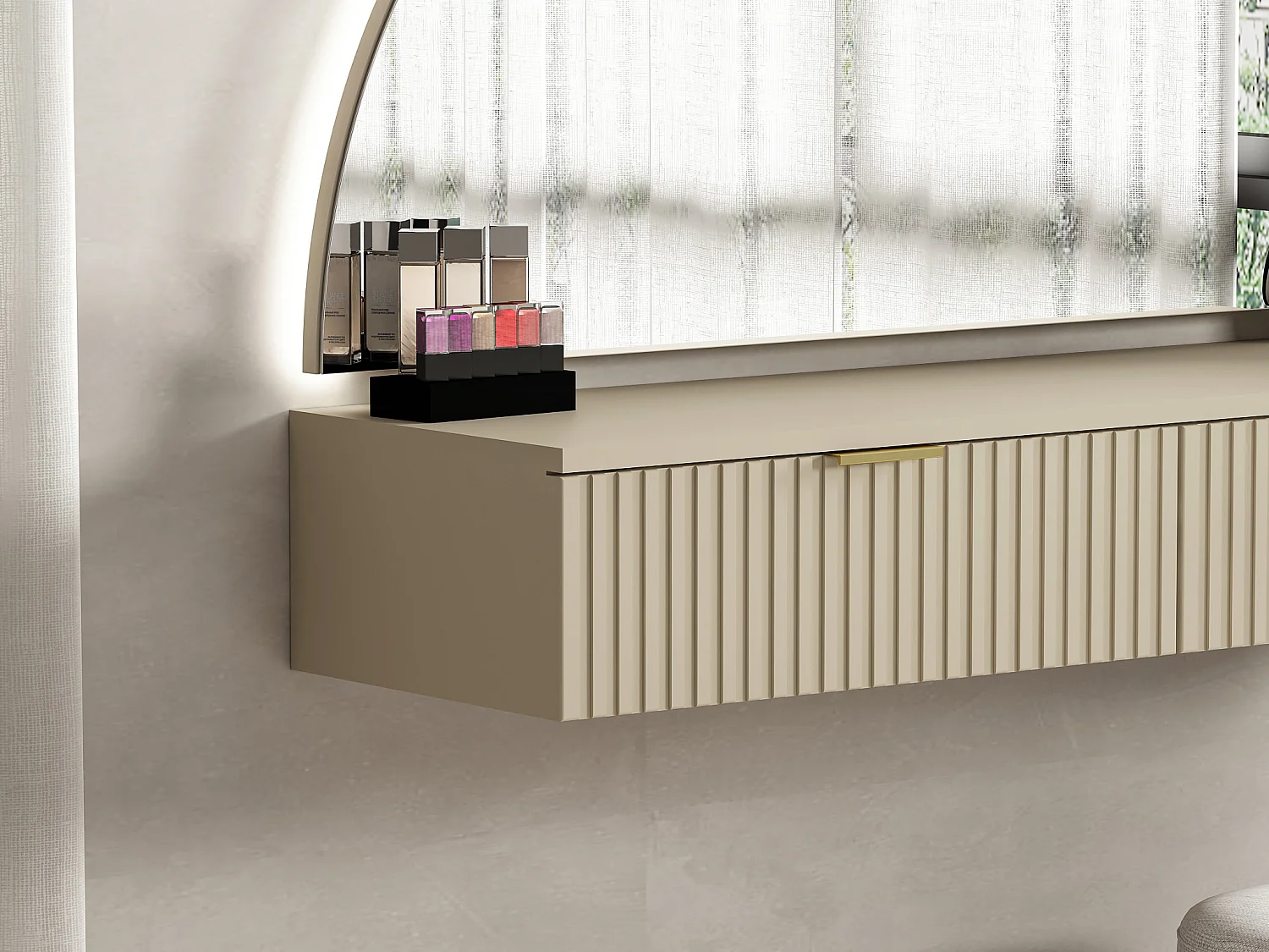 Veggmontert sminkebord med speil og LED - 2 skuffer - Beige - FRALYN fra Pascal Morabito