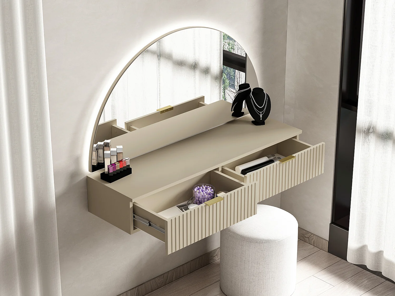 Veggmontert sminkebord med speil og LED - 2 skuffer - Beige - FRALYN fra Pascal Morabito