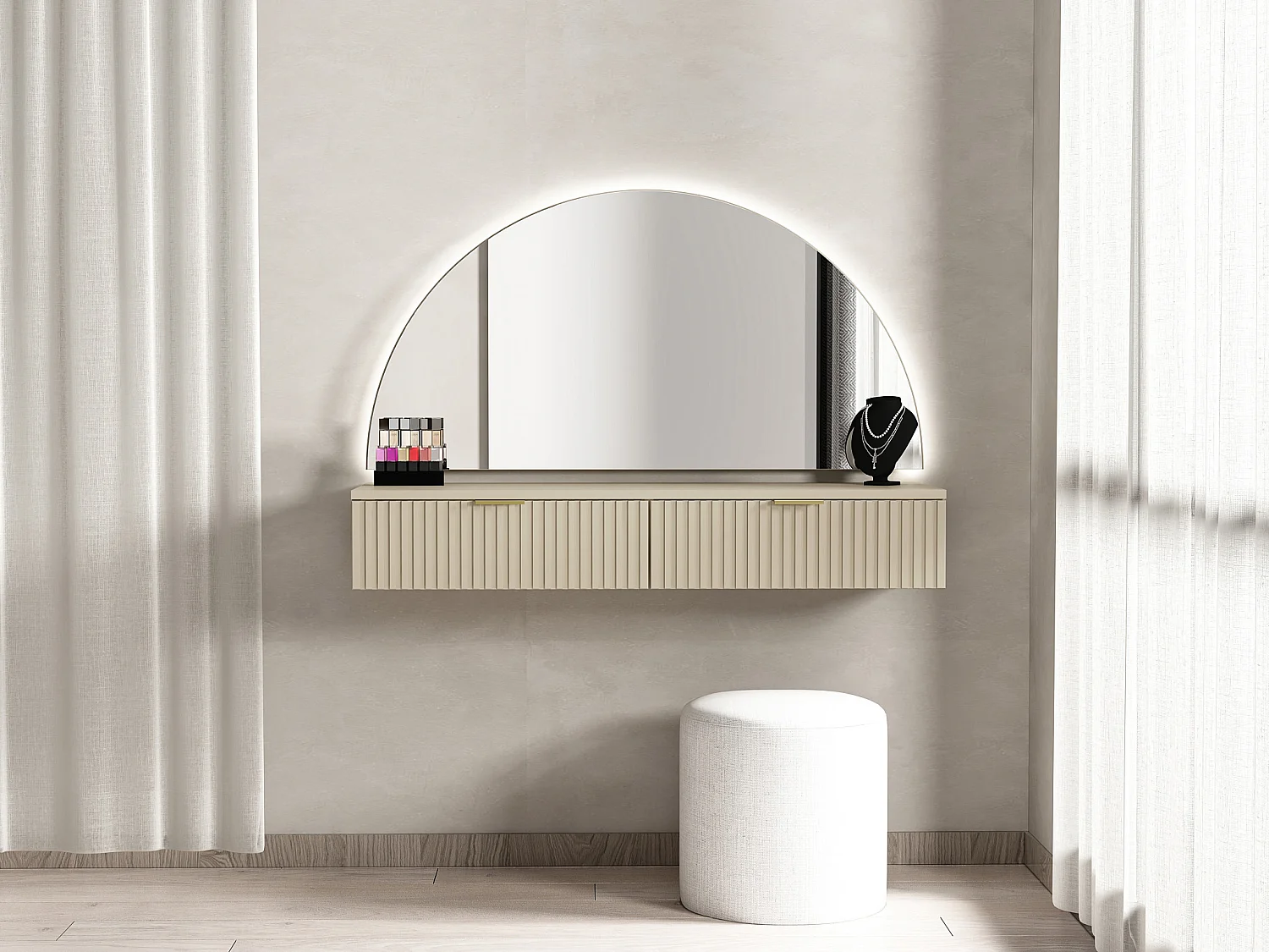 Veggmontert sminkebord med speil og LED - 2 skuffer - Beige - FRALYN fra Pascal Morabito