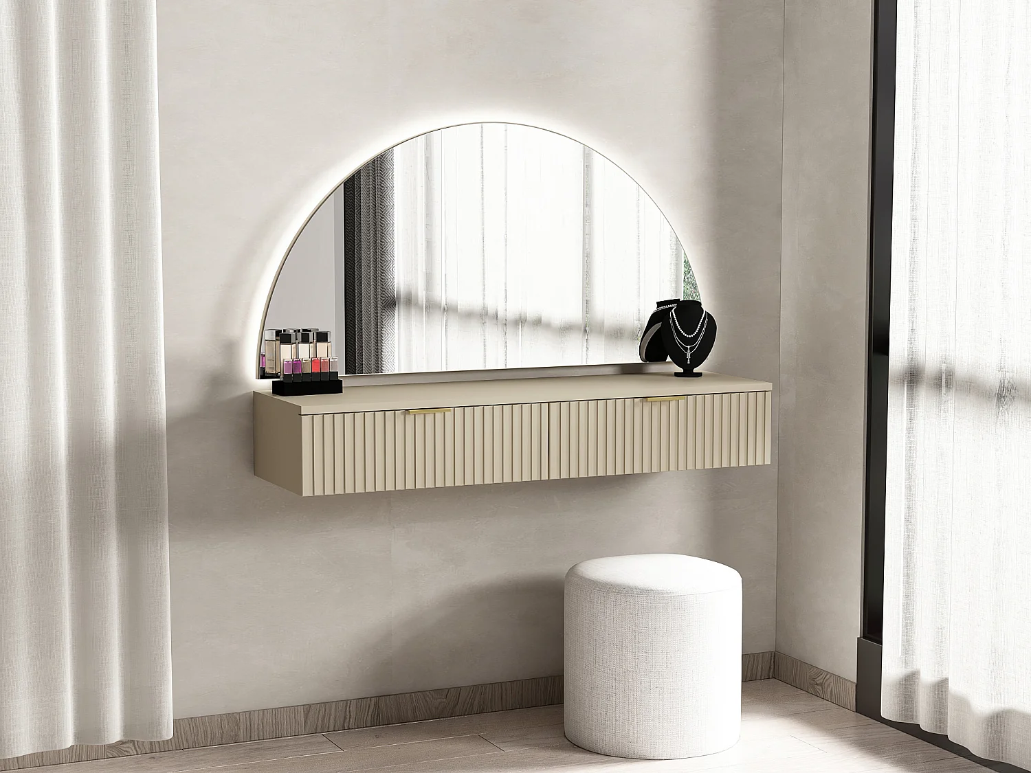 Coiffeuse suspendue avec miroir et LEDs - 2 tiroirs - Beige - FRALYN de Pascal Morabito