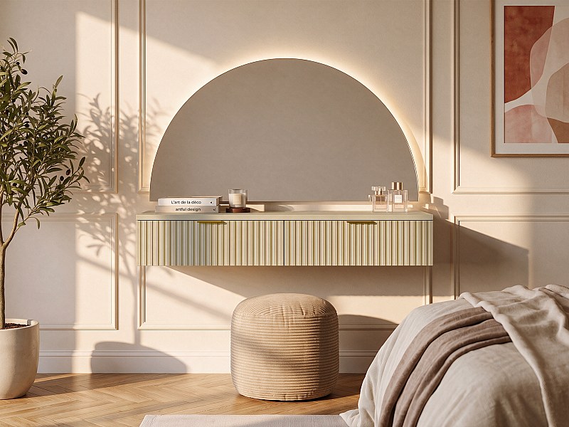 Wall-Mounted Dressing Table with Mirror, LEDs and 2 Drawers in Beige