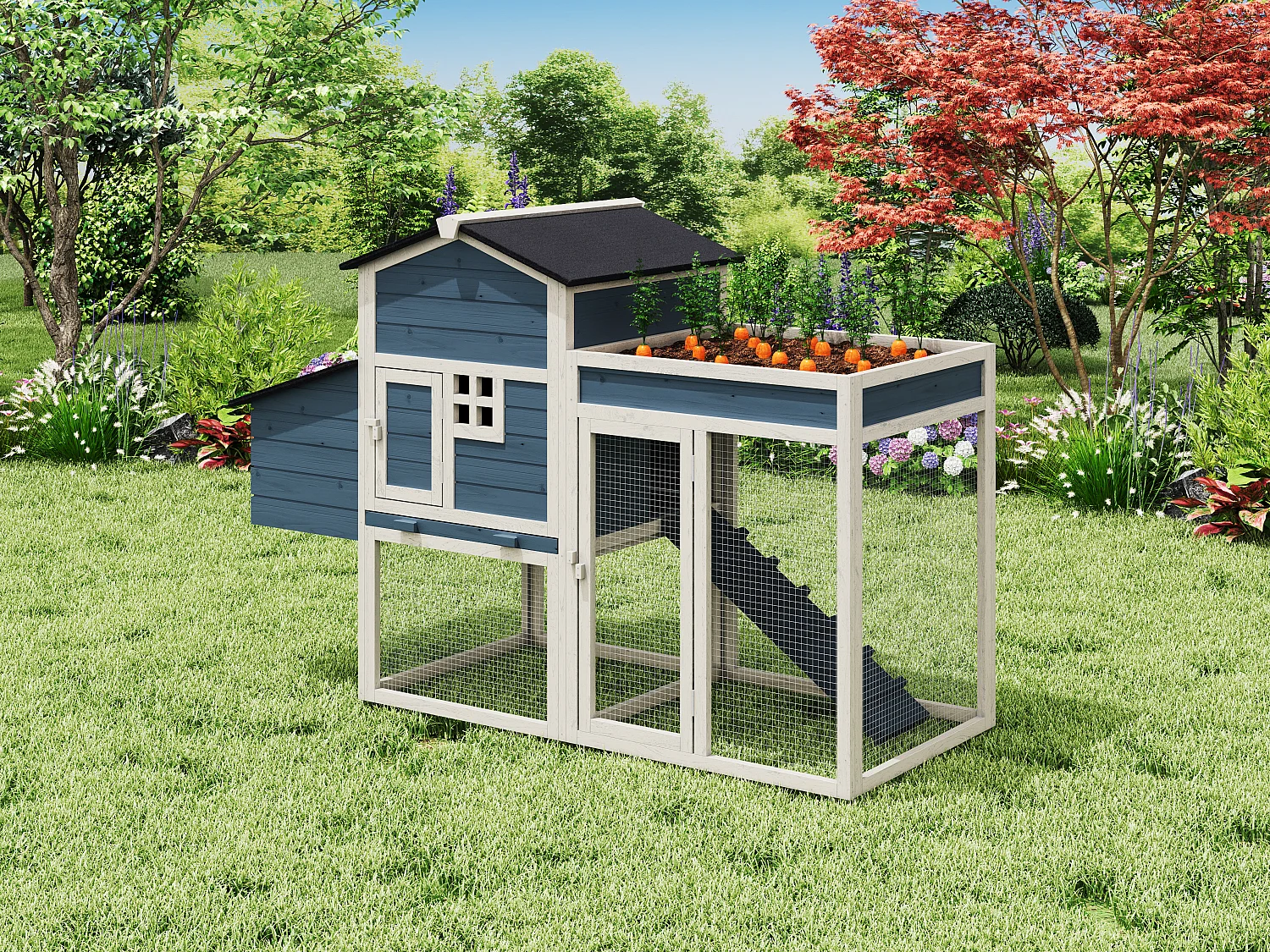Poulailler avec enclos et potager - 4 poules - L. 168 x P. 64 x H. 109 cm - Bleu et blanc - CAMPORA