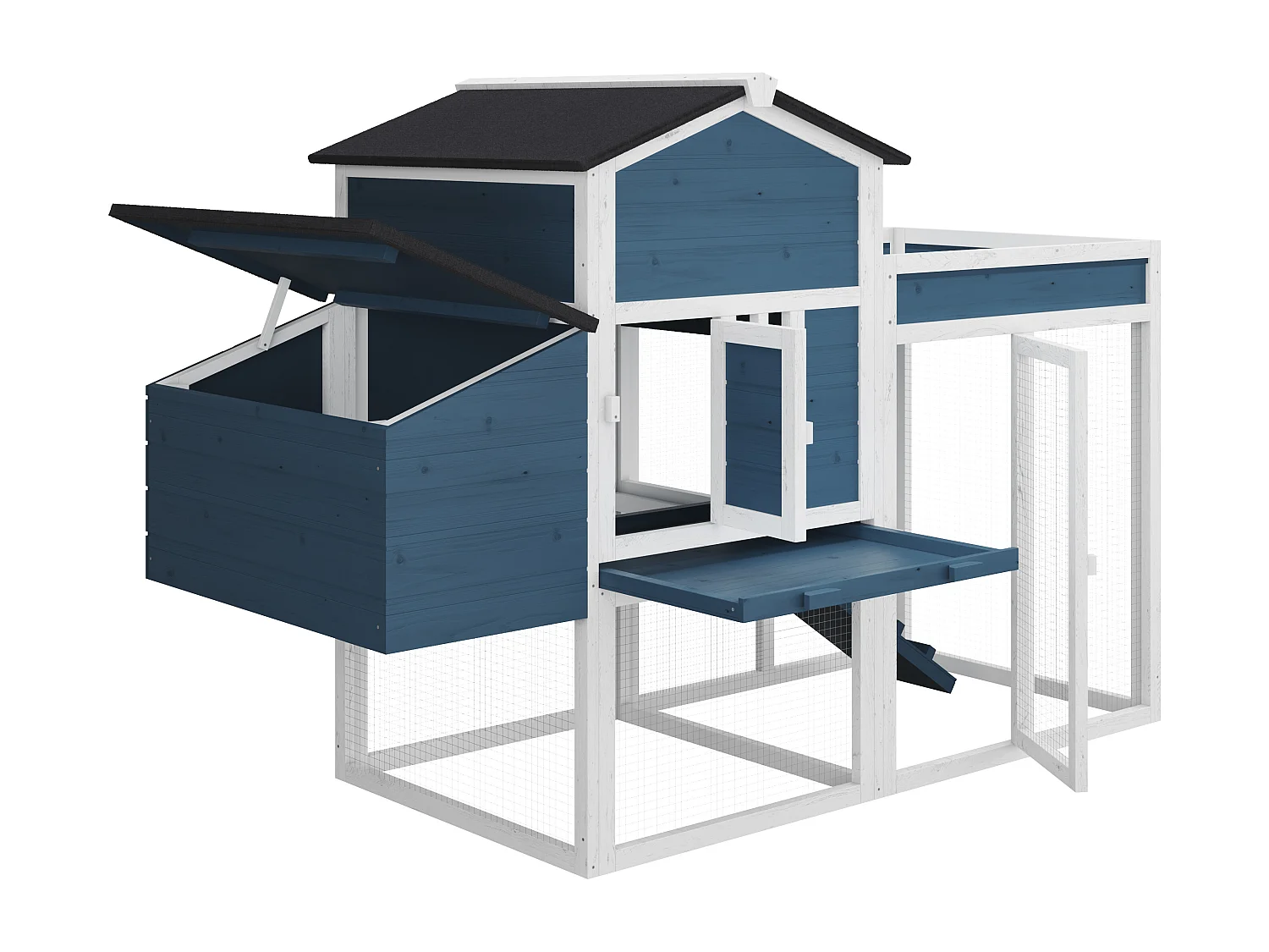 Hühnerstall aus Holz mit Freilaufgehege & Garten - für 4 Hühner - 168 x 64 x 109 cm - Blau & Weiß - CAMPORA