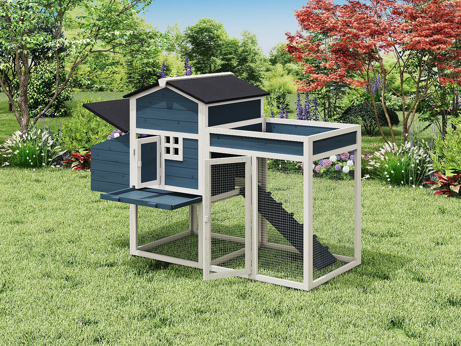 Hühnerstall aus Holz mit Freilaufgehege & Garten - für 4 Hühner - 168 x 64 x 109 cm - Blau & Weiß - CAMPORA