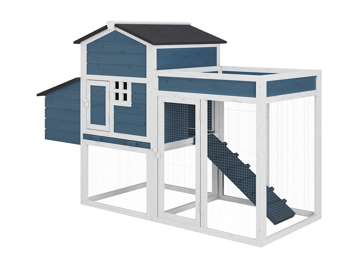 Hühnerstall aus Holz mit Freilaufgehege & Garten - für 4 Hühner - 168 x 64 x 109 cm - Blau & Weiß - CAMPORA