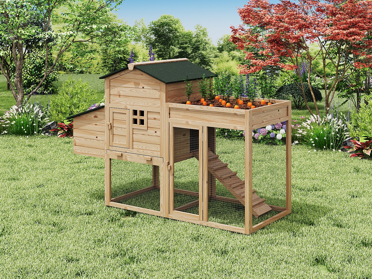 Vente-unique Hühnerstall Aus Holz Mit Freilaufgehege & Garten - Für 4 Hühner - 168 X 64 X 109 Cm - Holzfarben - Campora