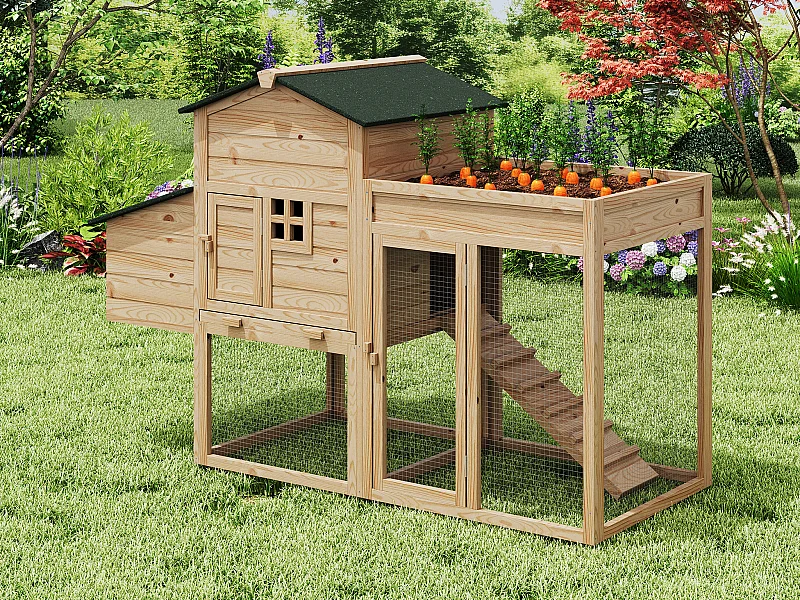 Hühnerstall aus Holz mit Freilaufgehege & Garten - für 4 Hühner - 168 x 64 x 109 cm - Holzfarben - CAMPORA