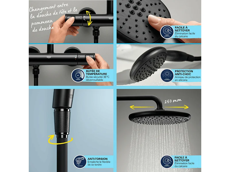 Colonne de douche thermostatique GROHE Vitalio Start 250 noire