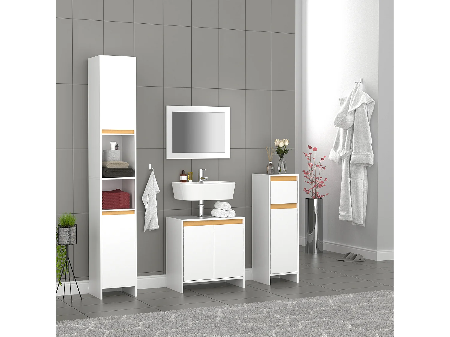 Bathroom furniture washbasin cabinet Malira White / Honey oak H. 60 x W. 58 x D. 33 cm