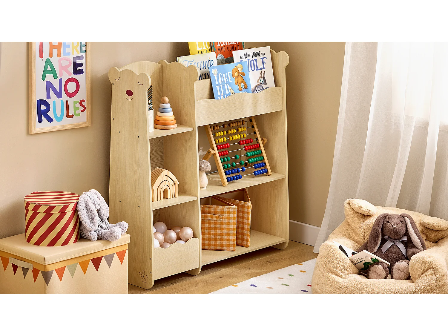 SoBuy Kinderopbergplank, kindermeubelopslag voor boeken en speelgoed, organisator boekenkast voor kinderslaapkamer, speelkamer, woonkamer, 91x30x100 cm, KMB101-N