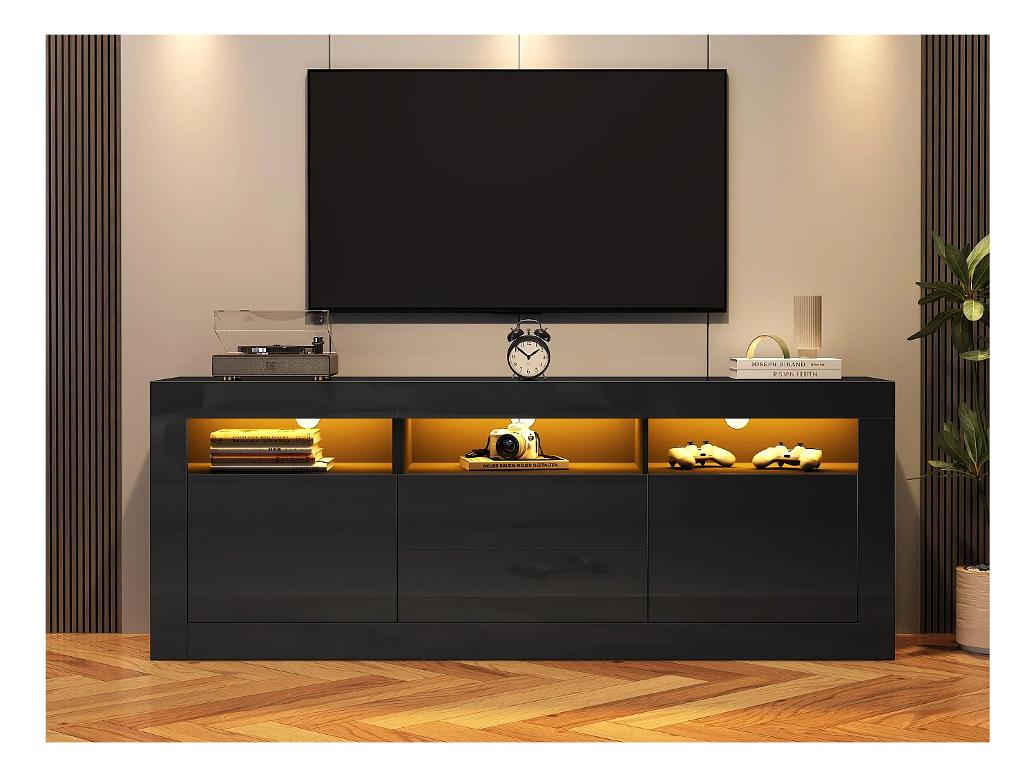 Meuble TV 160cm adapté pour TV 70" - avec LED - 2 portes 2 tiroirs 3 compartiments ouverts - Noir