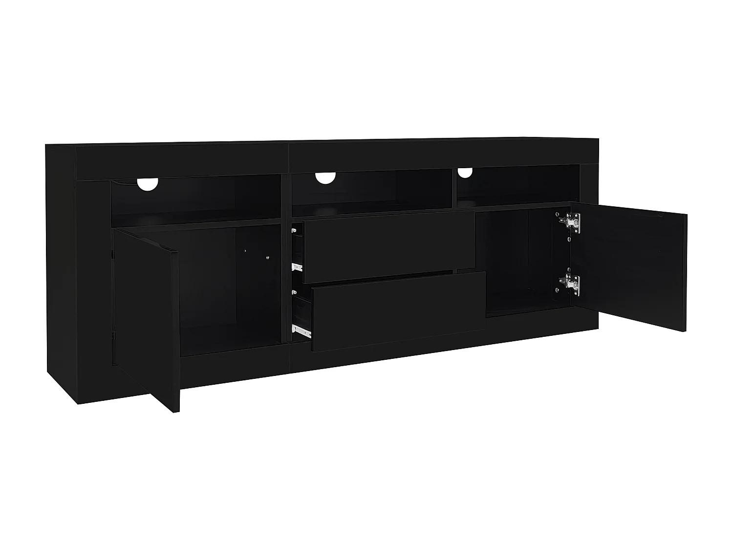 Meuble TV 160cm adapté pour TV 70" - avec LED - 2 portes 2 tiroirs 3 compartiments ouverts - Noir